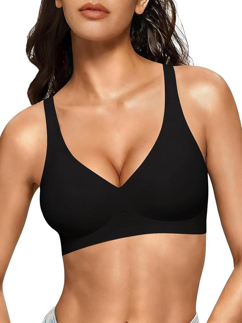 COCOMARTS Jelly Bras for Women No Underwire Seamless Push Up Comfortable Tshirt Everyday Deep V Bra with Support and Lift (XX-Large, Dark Black)