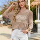 HUSKARY Beach Vacation Clothes for Women 2026 Trendy Spring Summer V Neck Casual 3/4 Sleeve Off Shoulder Crochet Cover Up Top (Beige, XL)