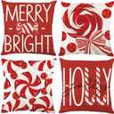 4pcs Christmas Pillow Covers Decoration,18x18in Red Candy Pillow Case Merry Bright Holly Throw Pillow Covers Cushion Cases for Winter Holiday Seasonal Farmhouse Couch Sofa Home Decor