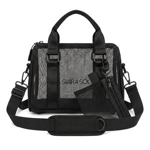 Black Mini Mesh Duffle Bag w/ Coin Purse, Adjustable Strap & Handles Travel | Mesh duffel with adjustable shoulder strap, top handles, and attached coin purse. ideal for gym, travel, and daily use