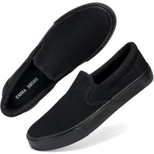 Emma Shoes Low-Top Slip Ons Women's Fashion Sneakers Casual Canvas Sneakers for Women Comfortable Flats Breathable Padded Insole Slip on Sneakers Women Low Slip on Shoes (6, All Black)