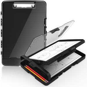 Sooez Original Clipboard with Storage & Pen Holder, Heavy Duty Clip Boards 8.5x11 with Dual Storage, Clearview Dry Erase Coach Clipboard with Real Hinge, High Capacity, School & Office Supplies (Black)