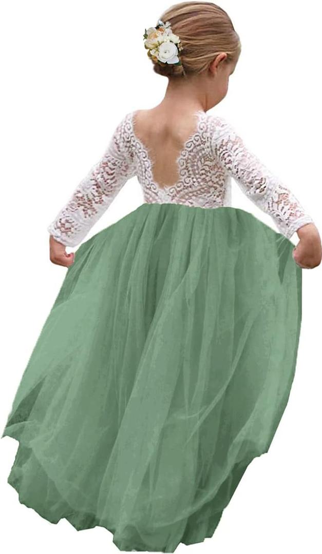 Topmaker Flower Girl Dress for Toddler Baby Girls,Lace Tulle Dress for Wedding,Birthday Party,Photoshoot,Special Occasion (5-6 Years, Sleeve-Sage Green)