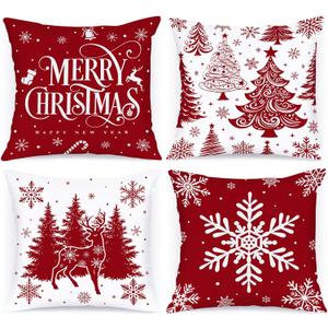 Lanpn 12x12 Red Christmas Pillow Covers Set of 4, Lumbar Pillowcase, Winter Decorative Pillow Case, Merry Christmas Tree Cushion for Indoor Home Bedroom Sofa Xmas Couch Decor