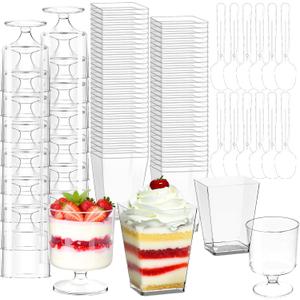 200 Pcs Dessert Cups with Spoons - 5 OZ Mini Clear Plastic Dessert Parfait Cups - Square Shooter Cup Round Goblet for Party Appetizer Fruit Pudding Ice Cream Cake