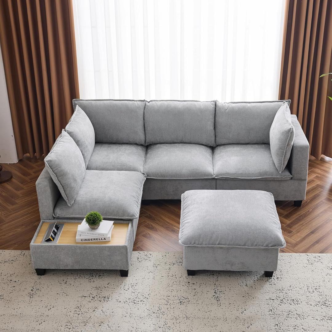 Merax Modern 90" U-Shaped Chenille Sectional Sofa Set, Modular Sofa Couch with a Movable Ottoman, a Coffee Table with Hidden Charging Devices for Living Room, Grey