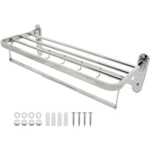 Bathroom Lavatory Towel Rack Towel Shelf, ULIFESTAR SUS 304 Stainless Steel Wall Mount Foldable Bathroom Towel Rack Towel Shelf with Towel Bar and 4 Move Freely Hooks Organizer for Bathroom Hotel (Drilling Installation 60CM/23.6'')