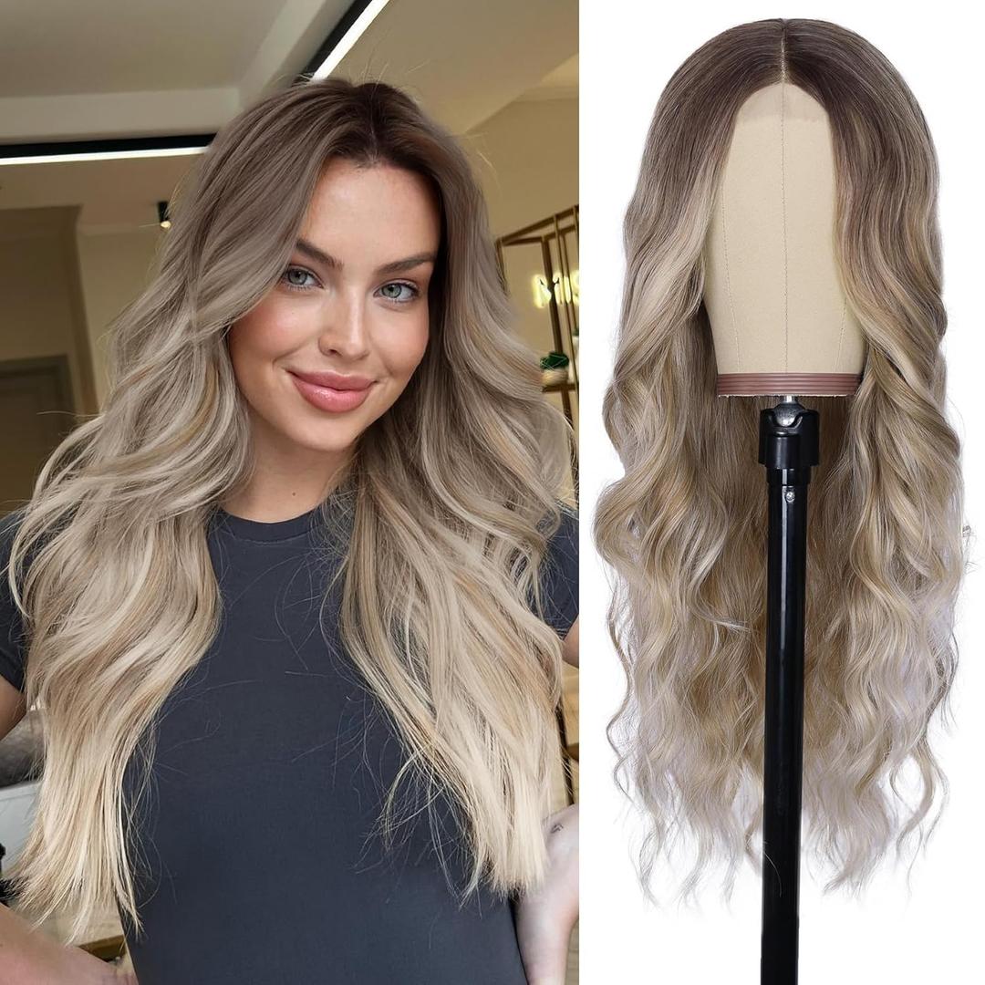 NAYOO Long Ombre Dirty Blonde Wavy Wig for Women 26 Inch Middle Part Lace Hairline Curly Wavy Wig Natural Looking Synthetic Heat Resistant Fiber Wig for Daily Party Use