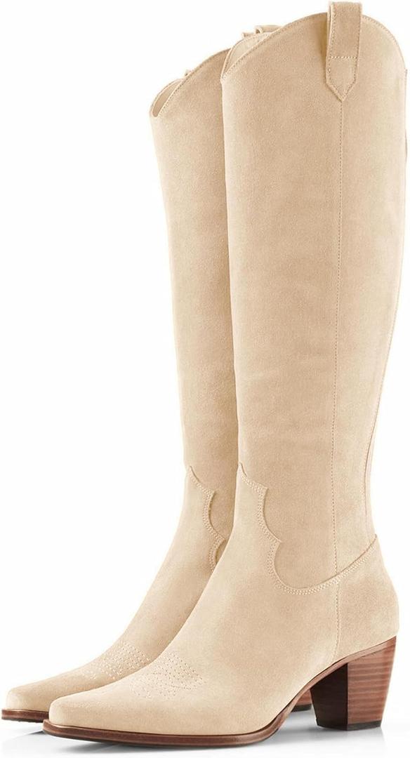 Women Cowboy Knee High Boots Chunky Block Heel Square Toe Tall Riding Boots (9.5, Beige)