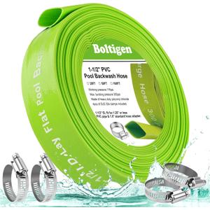 Boltigen 1-1/2'' Pool Backwash Hose, 100 Feet Heavy Duty PVC Pool Drain Hose with Clamps, Lay Flat Water Discharge Filter Pump Hose for Swimming pools, High Pressure Pool Pump Hose (1.5" ID x 100 FT)