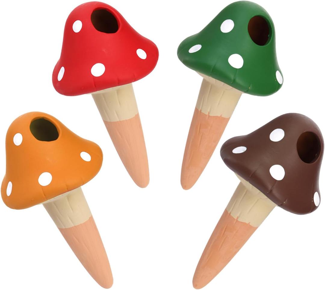 Peohud 4 Pack Self Watering Spikes Mushroom Shaped, Terracotta Plant Watering Globes, Cute Watering Device, Automatic Irrigation Spikes for Indoor Outdoor Potted Plants
