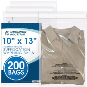 Spartan Industrial - 10 X 13 (200 Count) Self Seal Clear Poly Bags with Suffocation Warning for Packaging, T Shirts - Permanent Adhesive