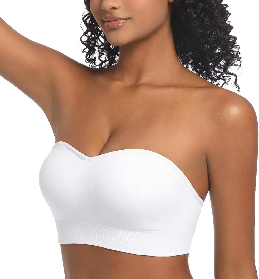 PRETTYWELL Strapless Bra for Women Comfort Non-Slip Seamless Padded Bandeau Bras Wireless Tube Top Bra with Multi-Way Straps (X-Large, White)
