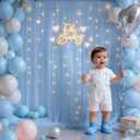 10x10ft Baby Blue Tulle Backdrop Curtain with Lights String for Parites, Sheer Photo Backdrop Curtain Drapes for Wedding Baby Shower Bridal Shower Birthday Party Photo Shoot Decorations