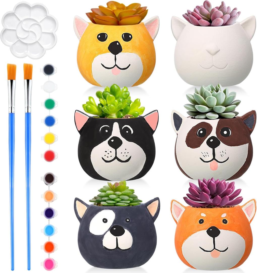 Pasimy 6 Set Ceramics to Paint DIY Ceramic Succulent Planter Pots Paint Your Own Flower Pots Craft Kit Unpainted Bisque Flowerpot with Brush Palette for Family Activity Holiday Gifts(Dog)