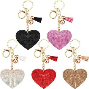 Hicarer Bling Rhinestone Heart Shape Keychains Glittery Heart Tassel Keychains Key Rings for Women Girls