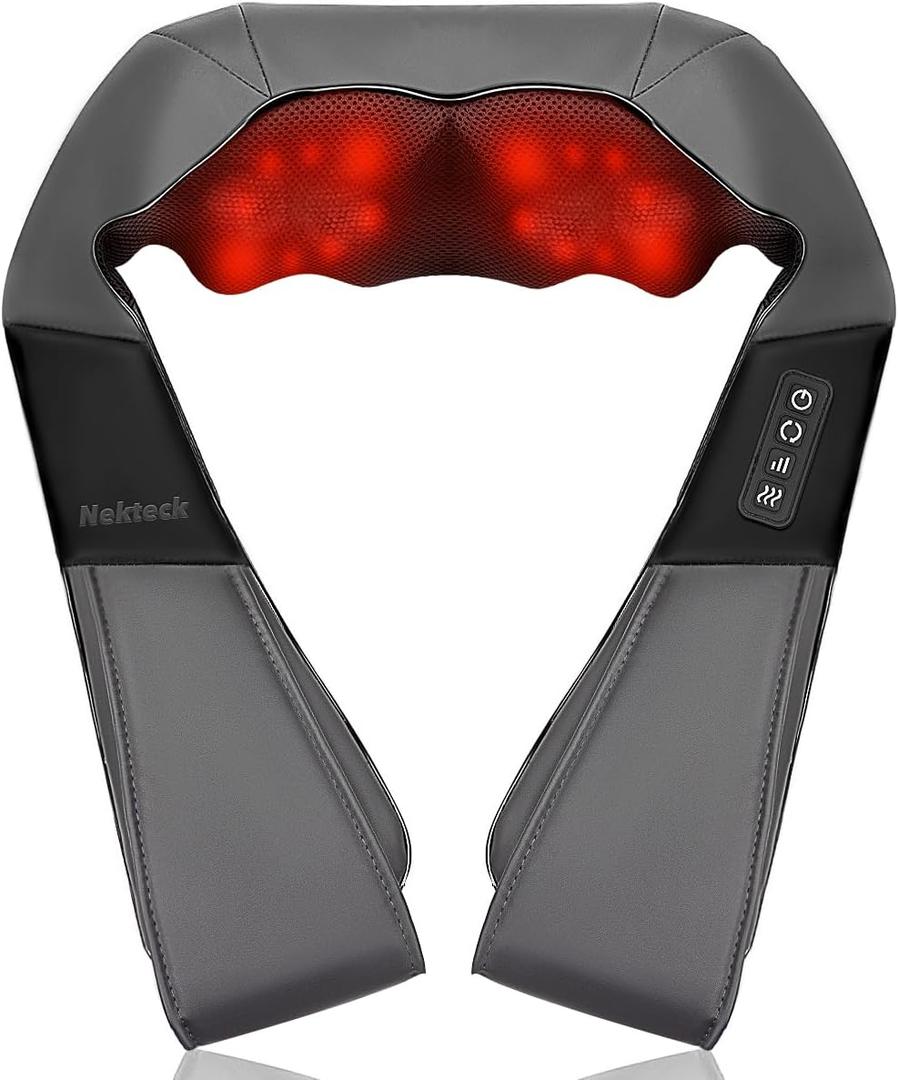 Nekteck Shiatsu Neck Massager with Heat for Pain Relief Deep Tissue, 2026 Upgraded 3D Back Shoulder Kneading Massage Pillow, Body Muscle Relaxation Tool Gifts for Him Her Mom Dad, Gray (NOT Cordless)