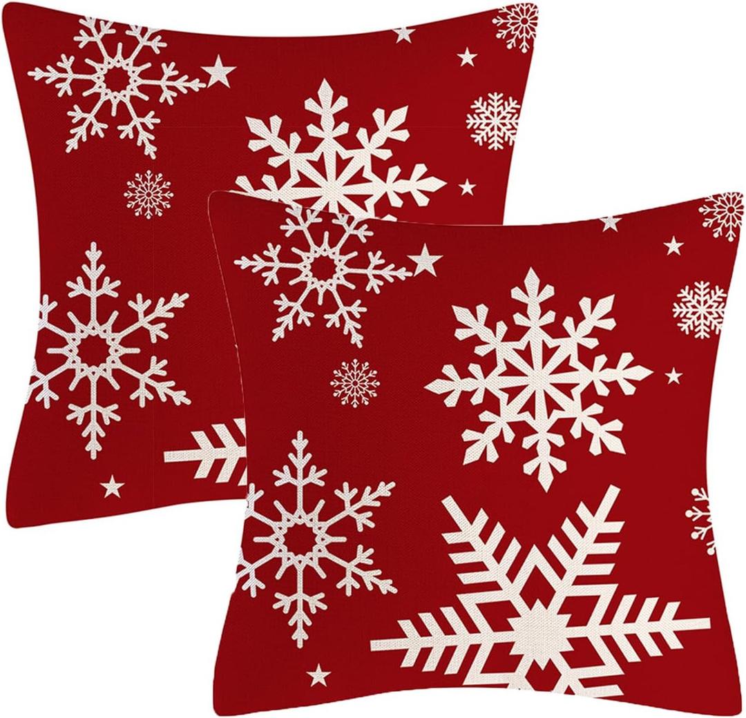 Winter White Snowflake Throw Pillows Farmhouse Decorative Throw Pillow Case Indoor Outdoor Cushion Cover Xmas Red Background Linen Pillowcase for Couch Living Room Bedroom 18 x 18 Inch Set of 2