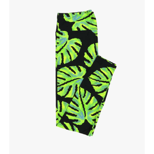 Lularoe Tall Curvy (TC fits Sizes 12-18) Palm Fern Fronds Leaves Black Green Buttery Soft Adult Leggings, 1 Pack