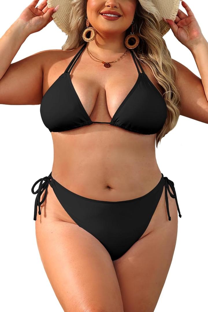 Daci Women Plus Size Triangle Bikini Sets Two Piece Double Straps Halter Swimsuit Side Tie String Sexy Bathing Suits (Black, 
18 Plus

)