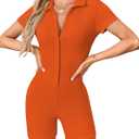 LilyCoco Rompers for Women Button Up Bodycon Short Sleeve Collared Sexy One Piece (Orange, L)
