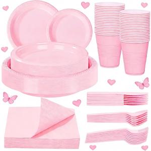WELLIFE 210 PCS Pink Plastic Plates For 30 Guests - Disposable Dinnerware Set Including Dinner Plates, Dessert Plates, 12 Oz Cups, Cutlery & Napkins, Pink Party Plates for Valentines and Galentines