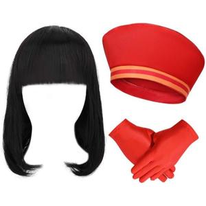 3 Pcs Cartoon Costume Accessories Red Velvet Retro Hat Bob Wig and Gloves for Men Women Halloween Cosplay Outfit