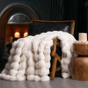 EverGrace Ultra Soft Luxury Fluffy Faux Rabbit Fur Throw Blanket, Thick Warm Bubble Throw for Bed, Cozy Plush Reversible Blankets for Couch, Chair, Sofa, Ivory White, 60x80 Inches