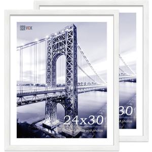VCK 24x30 Poster Frame Set of 2 - White, Textured Exclusive Solid Wood Picture Frames with Polished Plexiglass, Wall Hanging