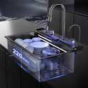 Kitchen sink double waterfall sink with LED display with cup washer, soap dispenser, waterfall mixer, worktop controller, etc. workstation kitchen sink (Gun grey, 33.5 * 18.1 * 8.7 IN)