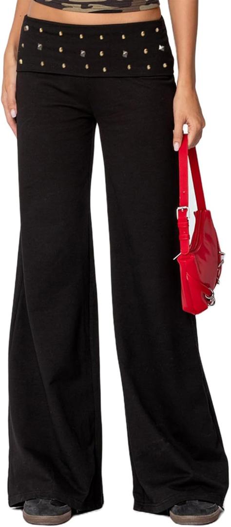 Women Y2K Fold Over Pants Rivet Foldover Wide Leg Yoga Flare Leggings Stretchy Low Waist Roll Over Bell Bottoms (Black, L)