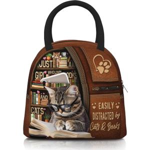 Cute Cat Lunch Box for Women Reusable Funny Cats Reading Books Lunch Boxes Insulated Cute Animal Cat Lover Lunch Tote Bag for Men & Women Office Work Travel Picnic