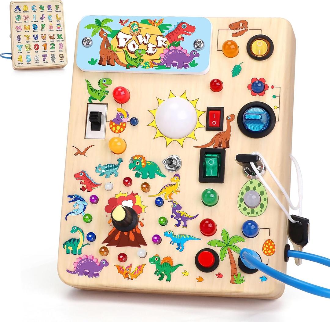 Toddler Busy Board,Montessori Toys for 1-3 Years Old,Baby Sensory Board,Wooden Learning Toys,Christmas & Birthday Gift for Boys & Girls (Dinosaur Busy Board v2)