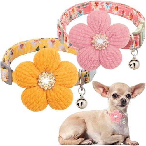 Small Dog Collar with Flower, Spring Dog Collar for Girl Dog Collars for Small Dogs Cute Dog Collar with Bell, Adjustable Length