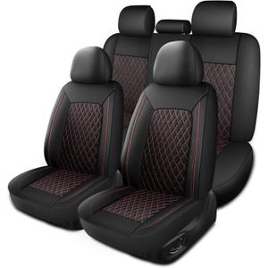 HChengkikz Leather Car Seat Covers, Breathable and Waterproof Seat Cover Full Set, PU Premium Universal Fit Automotive Airbag Compatible for Cars Sedans SUVs Vans and Trucks (Full Set, Black+Redline)