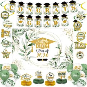 HunnmingRe 34 Pcs Greenery Graduation Decorations Sage Green Leaves Green Gold Class of 2026 Backdrop Congrats Grad Banner Balloons Streamers Kit for High School College Grad Party Supplies