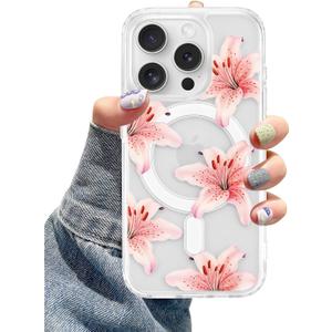 Lily Phone Case for iPhone 16 Pro, Compatible with MagSafe, Cute Clear TPU Slim Shockproof Protective Phone Cover for Women Girls, Pink Lily