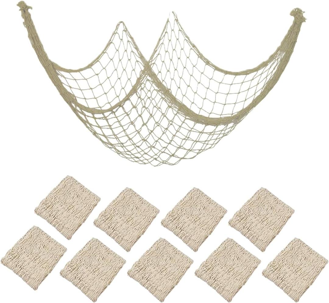 10 Pieces Natural Fish Net Ocean Themed Wall Hangings Party Decor Decoration Fish Net Decorative Party Supplies Natural Cotton Fishnet Accessory for Sea Party (Beige)