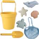 BLUE GINKGO Silicone Beach Toys - Modern Baby | Travel Friendly Toys Set | Silicone Bucket, Shovel, 4 Sand Molds, Beach Bag | Sand Toys for Toddlers, Kids - Yellow