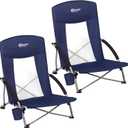 Portal Beach Chairs for Adults 2 Pack High Back Low Folding Camping Chair Portable Lightweight with Cup Holder for Travel, Concert, Lawn, Festival, Support 400lbs, Blue