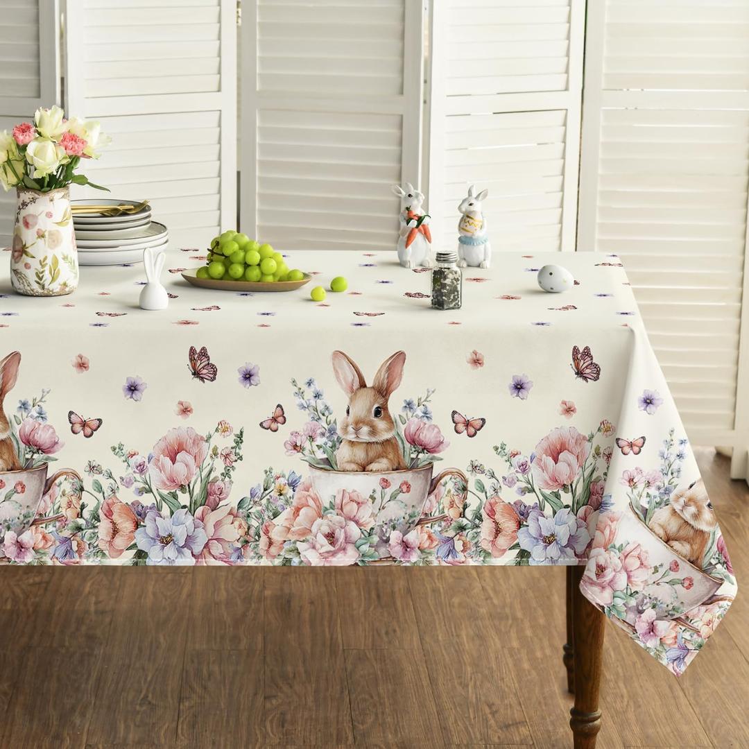 Horaldaily Easter Tablecloth 60×104 Inch Rectangular, Bunny Rabbits Butterflies Cups Anemone Washable Seasonal Table Cover for Party Picnic Dinner Decor