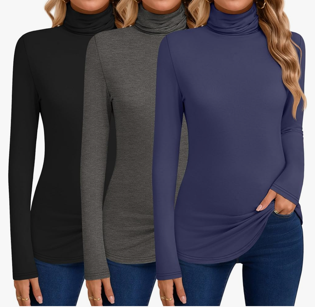 Huukeay 3 Pcs Women's Turtleneck Basic Long Sleeve Shirts Thin Slim Fit Soft Pullover Tops Fall Winter.XL