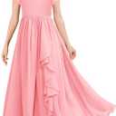 MITILLY Girls Lace Flower Maxi Dress Ruffle Sleeve A-Line Flowy Junior Bridesmaid Chiffon Dresses for Wedding Party 8-9 Years