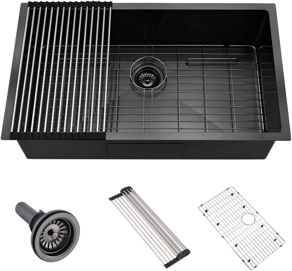 33 Inch Black Stainless Steel Kitchen Sink Undermount Single Bowl, 33"x21"x10"