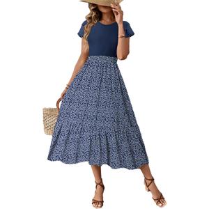 Dokotoo Women's 2026 Summer Dress Short Sleeve Crew Neck Casual Floral Print Long Flowy Dresses Maxi Dresses (Medium, Blue)