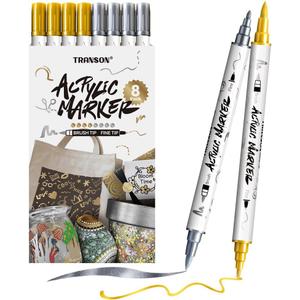 TRANSON 4 Gold and 4 Silver Paint Markers Brush and Fine Dual-tip Acrylic Paint Marker Set for Rock Painting Glass Canvas Wood Leather Ceramic Painting