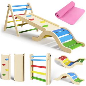 Pikler Triangle Set 7in1 Toddler Climbing Toys Indoor Foldable Baby Climbing Toys Wooden Montessori Climbing Set with Arch, Ramp, Ladder for 1-3 Years, Jungle Gym for Kids Colored