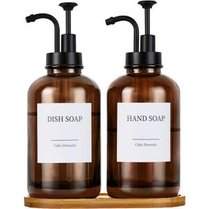 Glass Soap Dispenser with Pump, Dish and Hand Soap Dispenser for Kitchen Bathroom Set, Clear Glass Dispenser Set of 2 Pack with 18 Stickers Funnel Bamboo Tray 500ml 18oz Amber