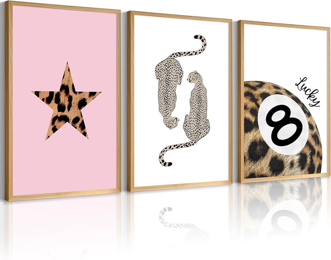 Leopard Wall Art Cheetah Canvas Prints Lucky 8 Ball Wall Decor Fashion Leopard Poster Aesthetic Pictures Trendy Cheetah Painting Preppy Artwork for Living Room Bedroom 12x16 Inch Unframed Set of 3