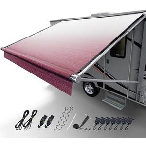 Fonzier RV Awning Fabric Replacement, 19.5oz Heavy Duty Vinyl, with Tie Down Kits & 7 Hooks & Pull Strap for Trailer Camper Awning- 18' (Fabric 17'2"), Burgundy Fade